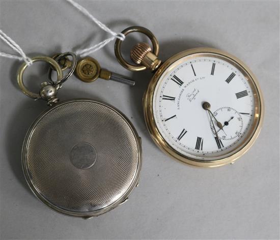 A silver (800) hunter pocket watch and a rolled gold Lancashire Watch Co. open face pocket watch